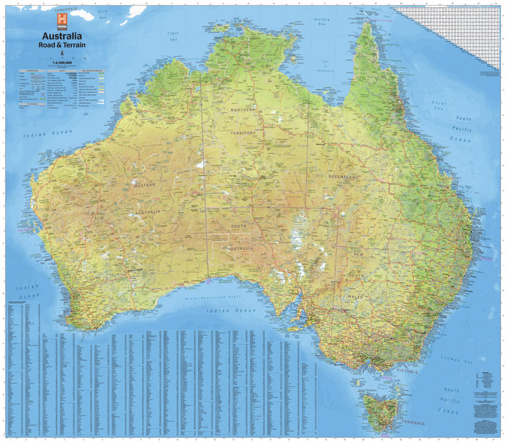 Australia Road and Terrain Wall Map